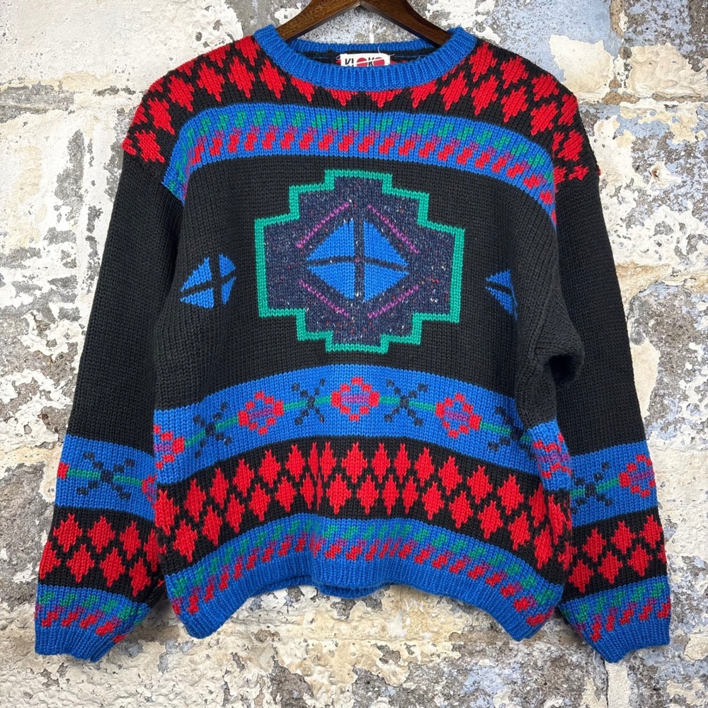 Vintage Kloko 80s Geometric Southwestern Cosby Sweater Large Black Blue Red Knit